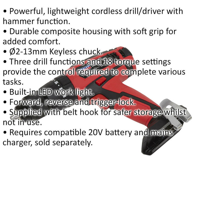 20V Hammer Drill Driver - 13mm Keyless Chuck - BODY ONLY - Durable & Lightweight Loops
