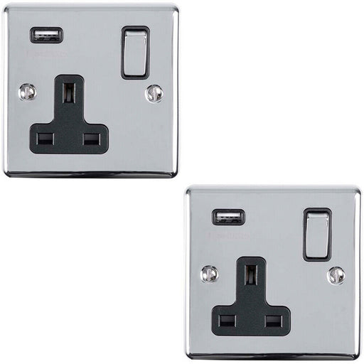 2 PACK 1 Gang Single UK Plug Socket & 2.1A USB CHROME & Black 13A Switched Loops