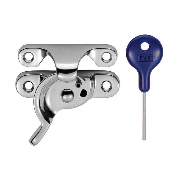 Locking Fitch Pattern Sash Window Fastener 49mm Fixing Centres Polished Chrome Loops