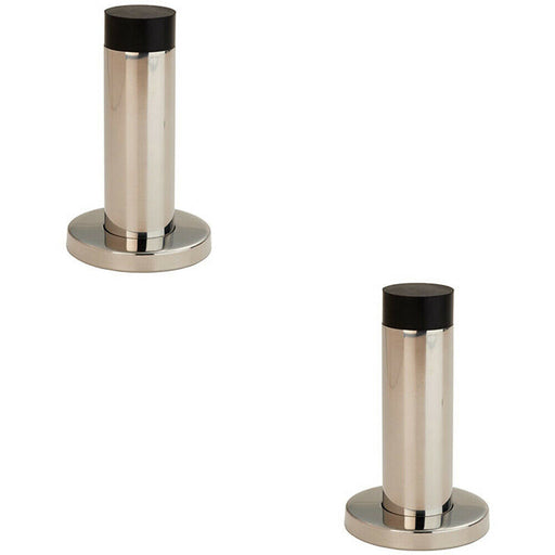 2x Wall Mounted Doorstop Cylinder on Rose Rubber Tip 76 x 22mm Bright Steel Loops