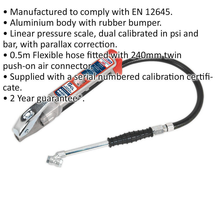 Premium Tyre Inflator - Twin Push-On Connector - 240mm Long Reach Arm & Gauge Loops