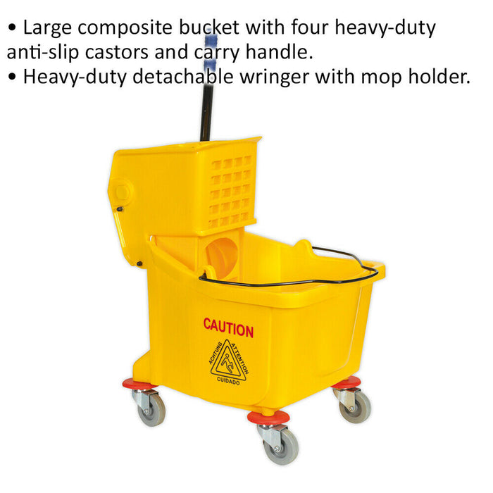 36 Litre Mop Bucket Unit - Four Heavy Duty Castors - Handle - Detachable Wringer Loops