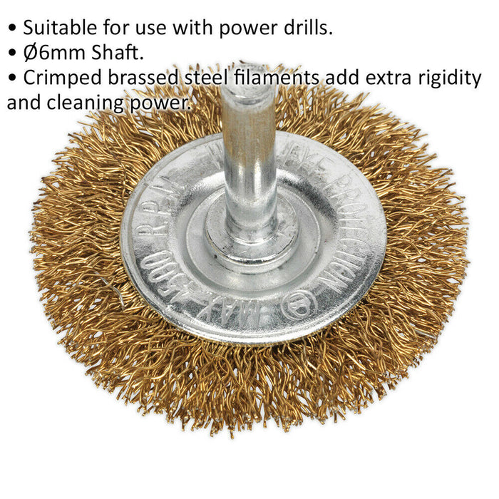 50mm Flat Wire Brush - Brassed Steel Filaments - 6mm Shaft - Up to 4500 rpm Loops