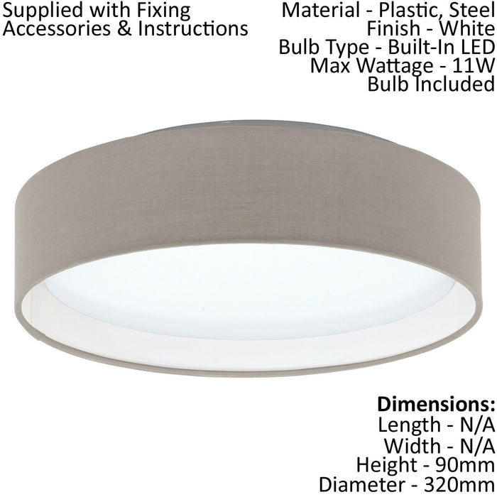 Flush Ceiling Light Colour White Shade Taupe Fabric Bulb LED 11W Included Loops