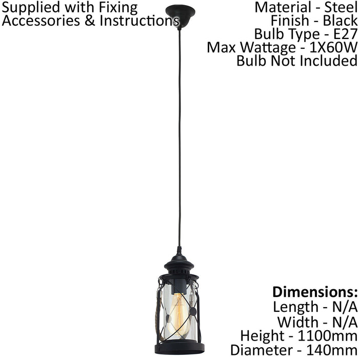 Hanging Ceiling Pendant Light Black Lantern 1 x 60W E27 Hallway Feature Lamp Loops