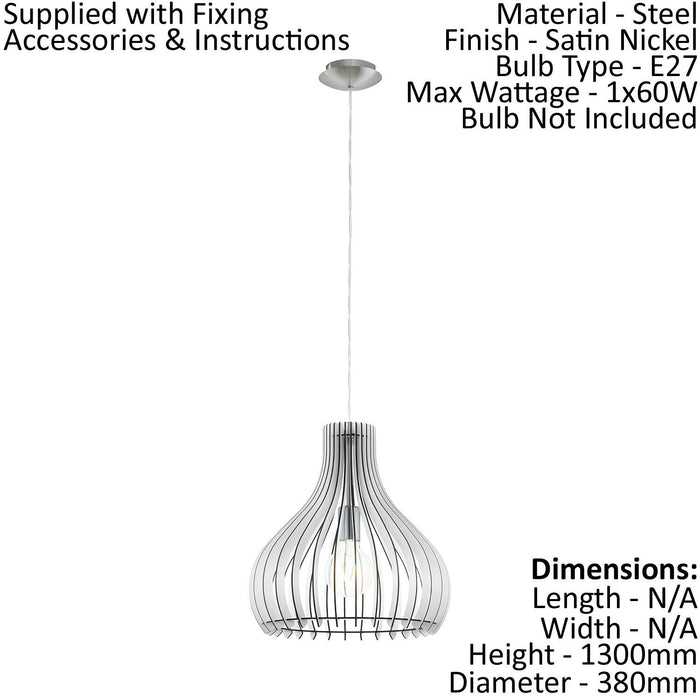 Pendant Ceiling Light Colour Satin Nickel Shade White Wood Bulb E27 1x60W Loops