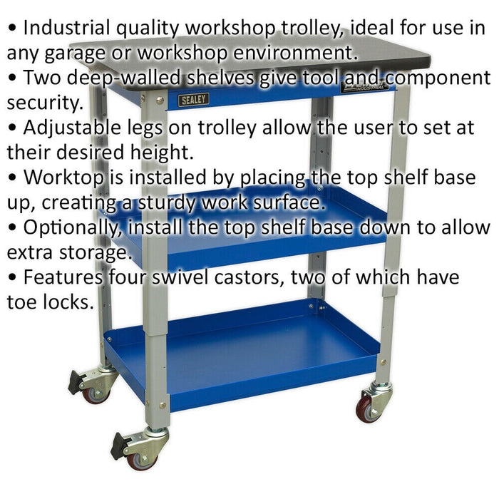 3 Level Industrial Workshop Trolley - 300kg Capacity - Adjustable Height Loops