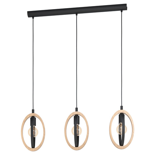 Hanging Ceiling Pendant Light Black & Wood Hoop Shade 3 x 40W E27 Bulb Loops