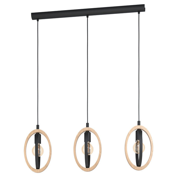 Hanging Ceiling Pendant Light Black & Wood Hoop Shade 3 x 40W E27 Bulb Loops