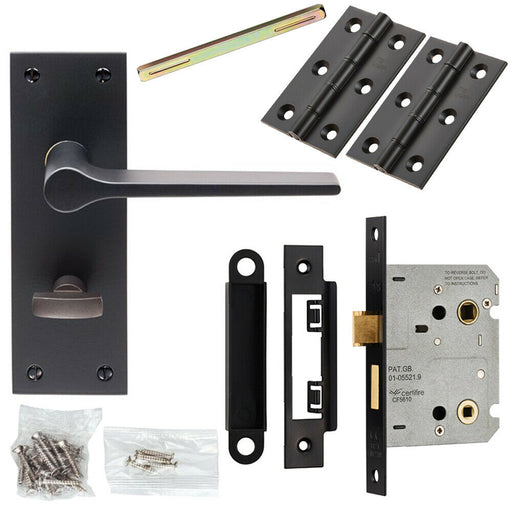 Door Handle & Bathroom Lock Pack Matt Black Flat Lever Thumb Turn Backplate Loops