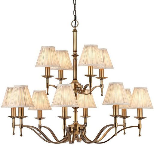 Avery Ceiling Pendant Chandelier Light 12 Lamp Antique Brass & Beige Pleat Shade Loops