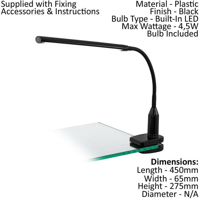 Clamp Light Colour Black Plastic Touch On/Off Dim Dimmable Bulb LED 4.5W Incl Loops