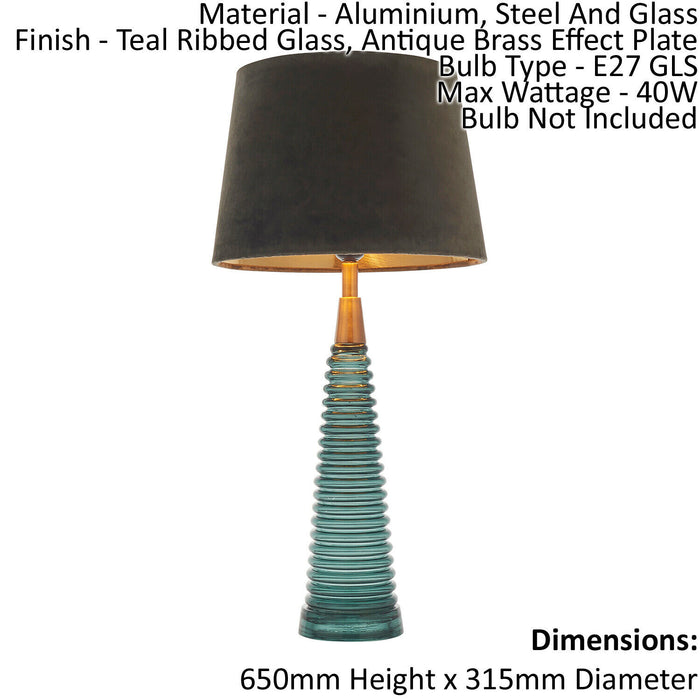 Table Lamp - Teal Ribbed Glass, Antique Brass Effect & Mocha Velvet - 40W E27 Loops