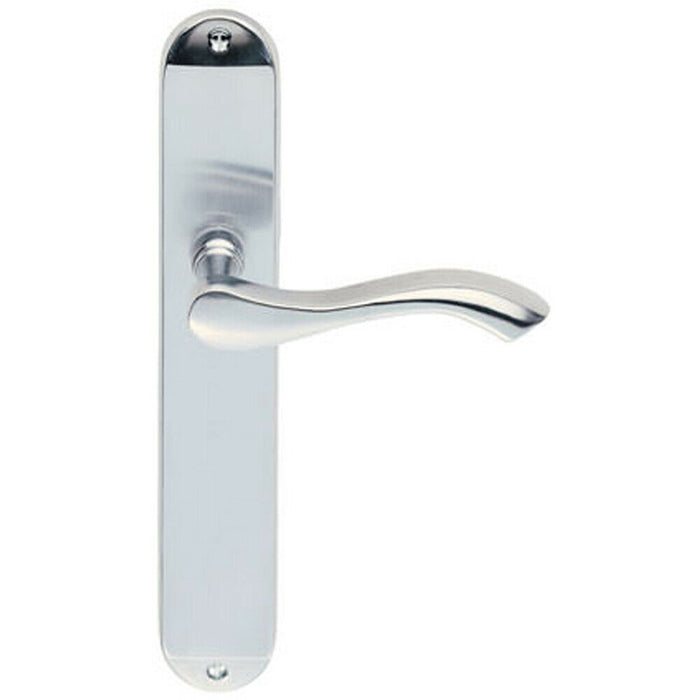 PAIR Curved Handle on Long Slim Latch Backplate 241 x 40mm Satin Chrome Loops