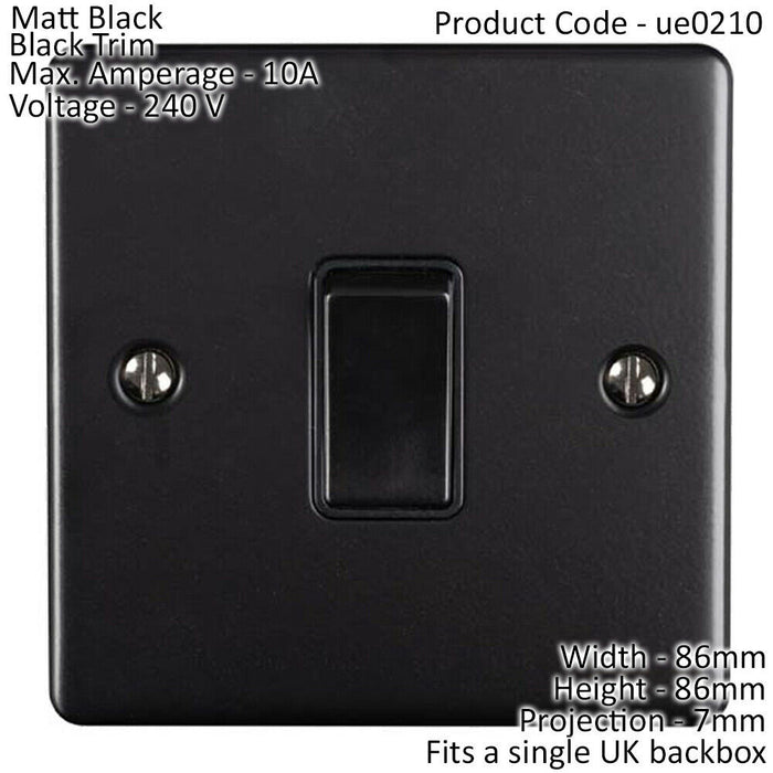 1 Gang Single Light Switch MATT BLACK 2 Way 10A Black Trim & Metal Rocker Loops