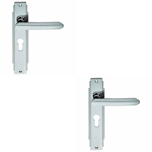 2x PAIR Line Detailed Handle on Euro Lock Backplate 205 x 45mm Polished Chrome Loops