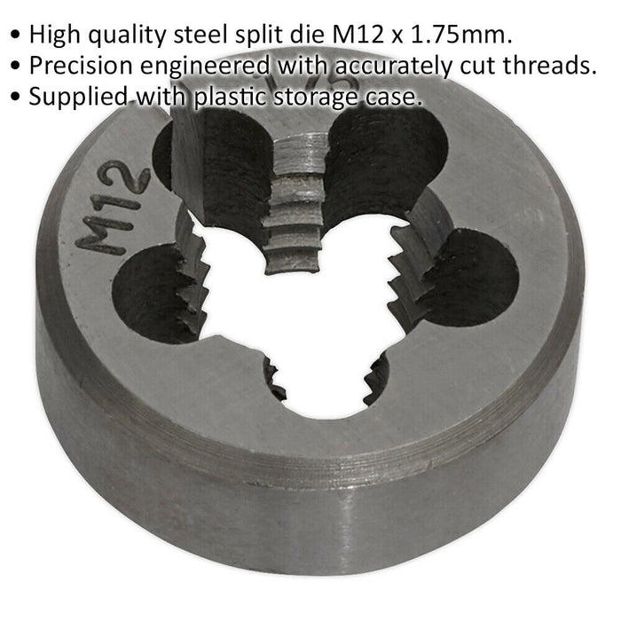 M12 x 1.75mm Metric Split Die - Quality Steel - Bar / Bolt Threading Bit & Case Loops
