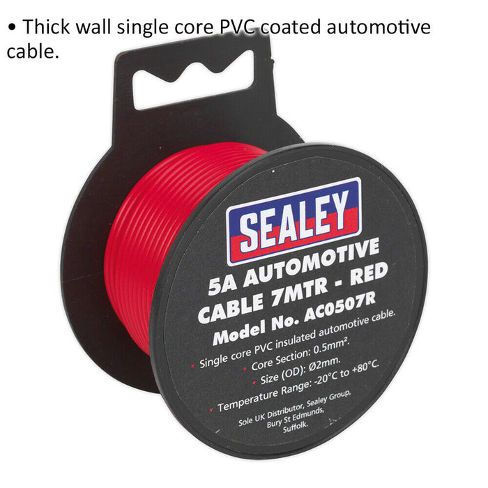 5A Thick Wall Automotive Cable - 7m Reel - Single Core - PVC Insulated - Red Loops
