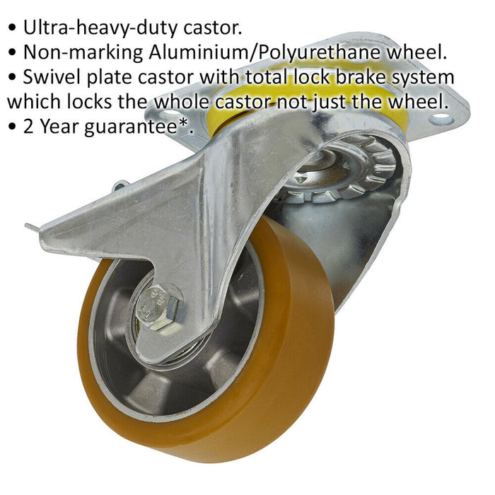 125mm Swivel Plate Castor Wheel - 50mm Tread - Aluminium & PU - Total Lock Brake Loops