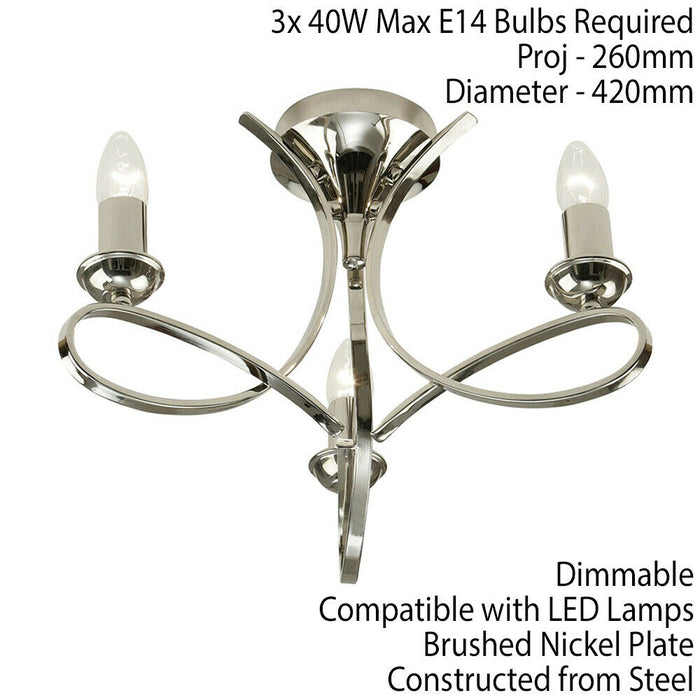 Eaves Semi Flush Ceiling Chandelier 3 Lamp Bright Nickel Curved Multi Arm Light Loops