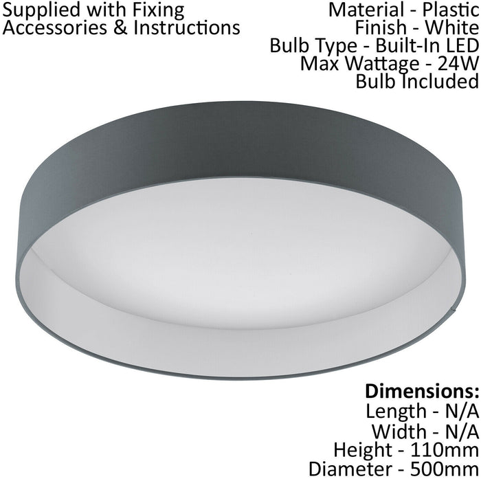 Flush Ceiling Light Colour White Shade Anthracite Fabric Bulb LED 24W Included Loops