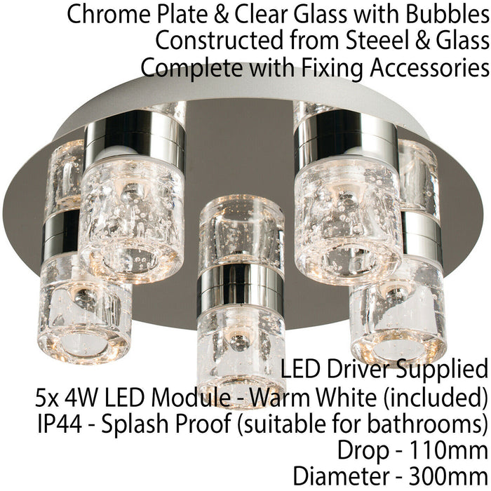 Flush Bathroom Ceiling Light Chrome Glass IP44 Warm White LED Lamp Chandelier Loops