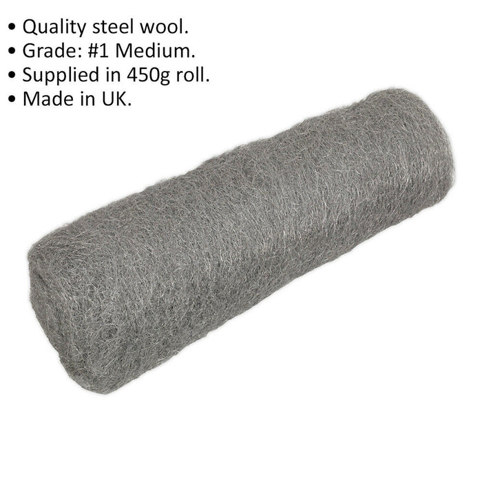 450g Medium Grade #1 Steel Wire Wool - Quality Cleaning Mesh Cloth Metal Scrub Loops