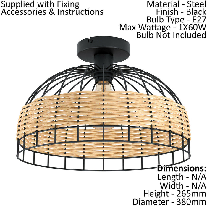 Low Ceiling Light & 2x Matching Wall Lights Black & Wicker Wood Cage Shade Loops