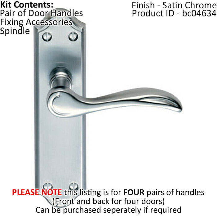 4x PAIR Curved Door Handle Lever on Latch Backplate 180 x 45mm Satin Chrome Loops