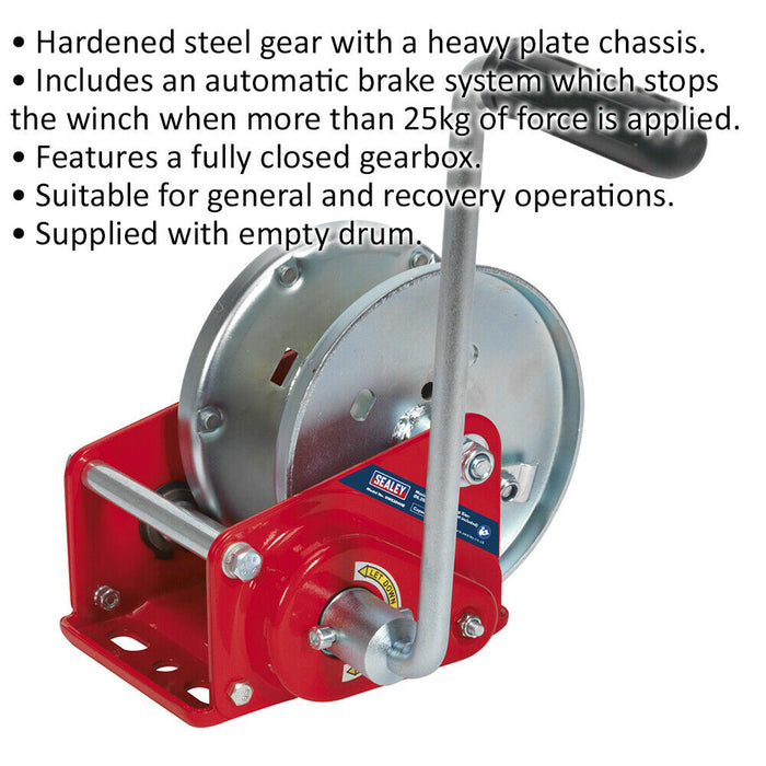 Geared Hand Winch with Automatic Brake - 900kg Capacity - Hardened Steel Gear Loops
