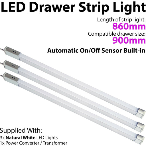 3x 900mm LED Drawer Strip Light AUTO ON/OFF PIR SENSOR Kitchen Cupboard Door Loops