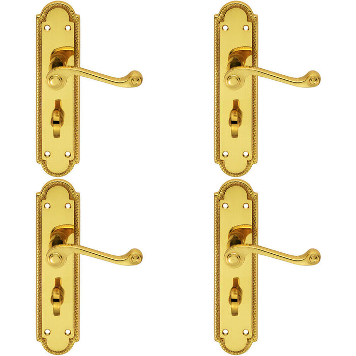 4x PAIR Reeded Scroll Lever on Shaped Bathroom Backplate 205 x 49mm Brass Loops