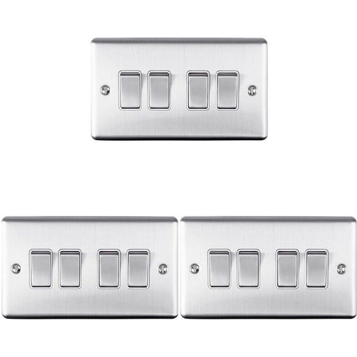 3 PACK 4 Gang Quad Metal Light Switch SATIN STEEL 2 Way 10A White Trim Loops