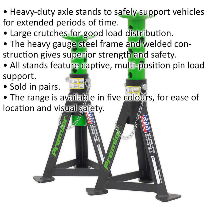 PAIR 3 Tonne Heavy Duty Axle Stands - 290mm to 435mm Adjustable Height - Green Loops