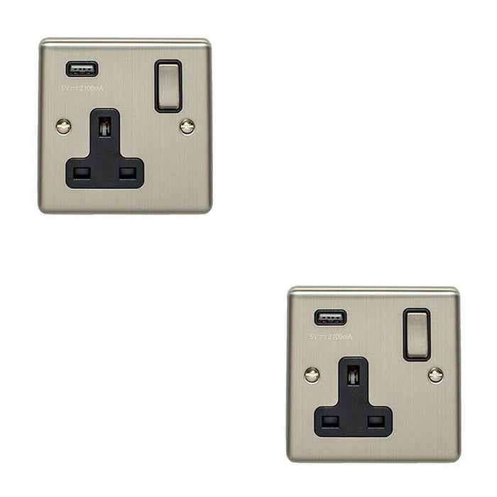 2 PACK 1 Gang Single UK Plug Socket & 2.1A USB SATIN STEEL & Black 13A Switched Loops