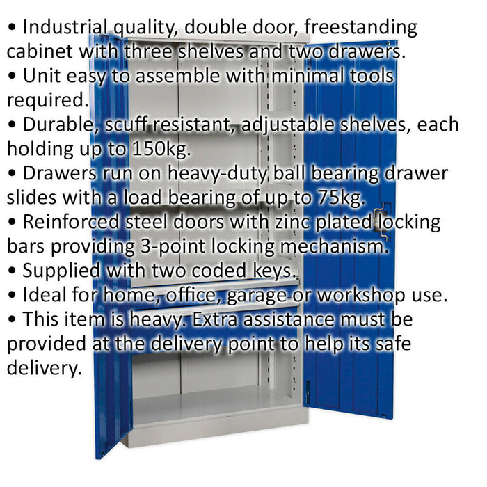 1800mm Double Door Industrial Cabinet - 2 Drawers & 3 Shelves - 3 Point Lock Loops