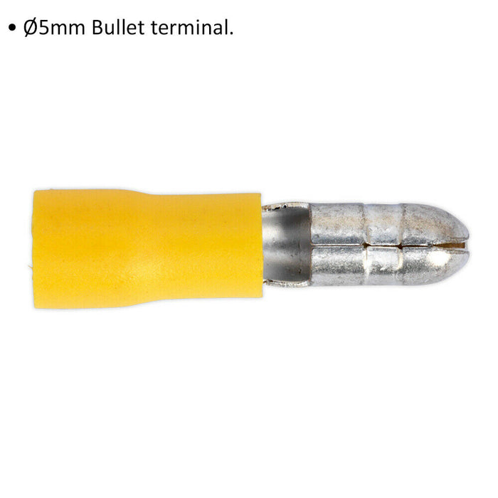 100 PACK Male Bullet Terminal - 5mm Diameter - Suits 12 to 10 AWG Cable - Yellow Loops