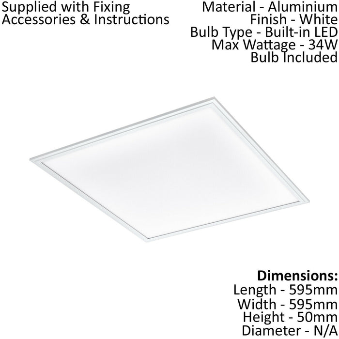 Wall / Ceiling Light White 595mm Slim Square Panel 34W Built in LED 4000K Loops