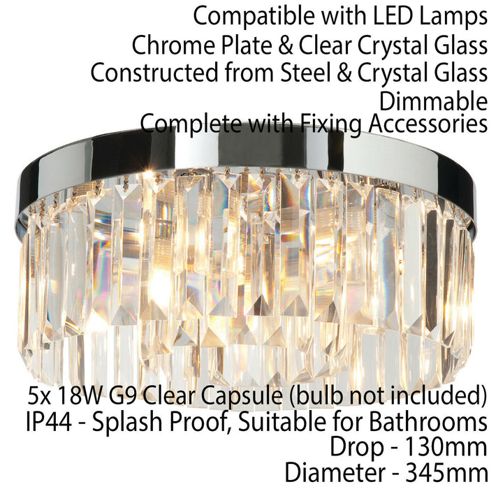 Flush Bathroom Ceiling Light Luxury Crystal Chrome IP44 Round Lamp Bulb Holder Loops