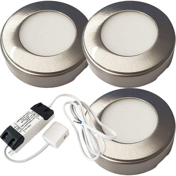 3x 2.6W LED Kitchen Cabinet Surface Spot Lights & Driver Kit Steel Warm White Loops