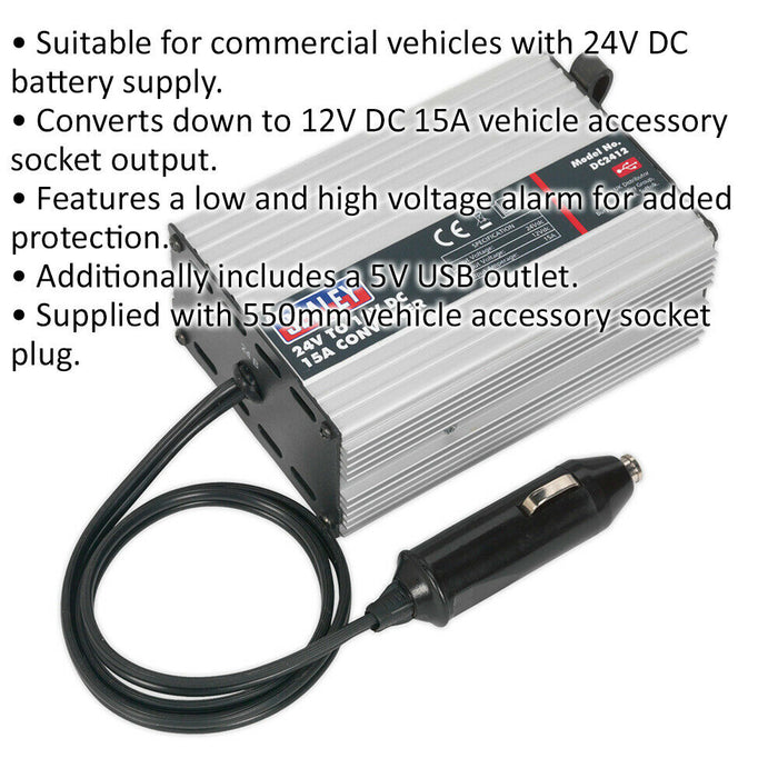 24V to 12V DC 15A Converter - Suitable for Commercial Vehicles - 5V USB Outlet Loops
