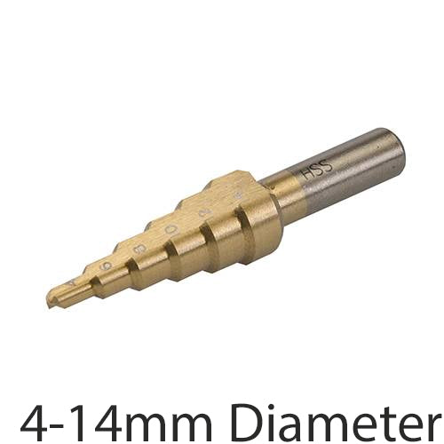 TITANIUM COATED 4 14mm Stepped Drill Bit 2mm Increments High Speed Hole Cutter Loops