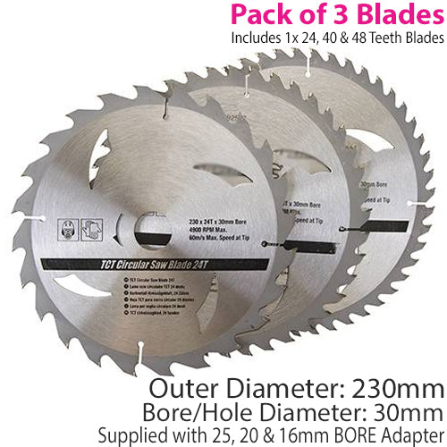 TCT Circular Saw Blades 3pk 230 x 30 25 20 16mm rings Loops