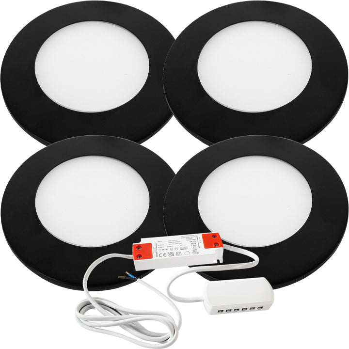 4x MATT BLACK Ultra-Slim Round Under Cabinet Kitchen Light & Driver Kit - Natural White Diffused LED - LoopsDirect