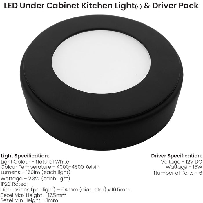 6x MATT BLACK Round Surface or Flush Under Cabinet Kitchen Light & Driver Kit - Natural White LED