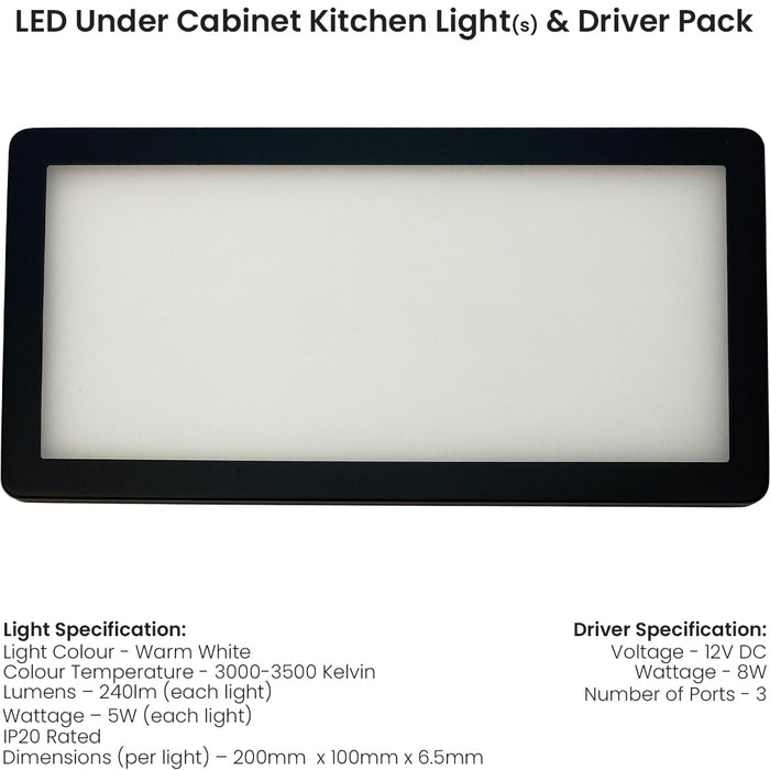 1x MATT BLACK Ultra-Slim Rectangle Under Cabinet Kitchen Light & Driver Kit - Warm White Diffused LED