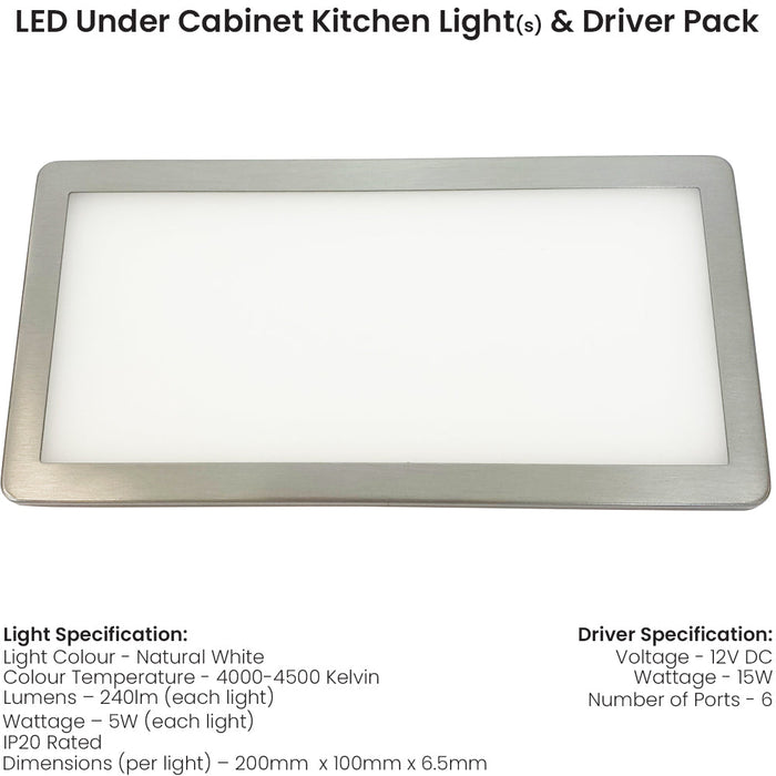 3x BRUSHED NICKEL Ultra-Slim Rectangle Under Cabinet Kitchen Light & Driver Kit - Natural White Diffused LED