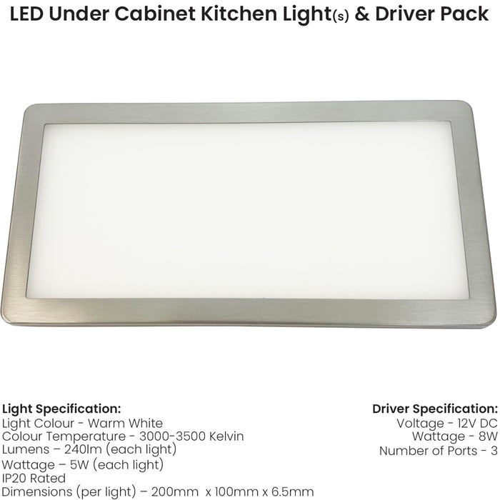 1x BRUSHED NICKEL Ultra-Slim Rectangle Under Cabinet Kitchen Light & Driver Kit - Warm White Diffused LED