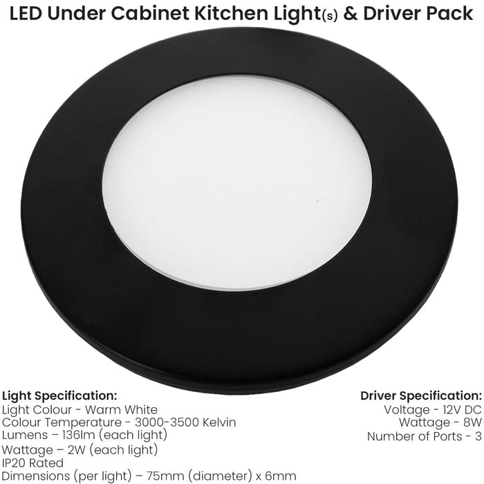 3x MATT BLACK Ultra-Slim Round Under Cabinet Kitchen Light & Driver Kit - Warm White Diffused LED