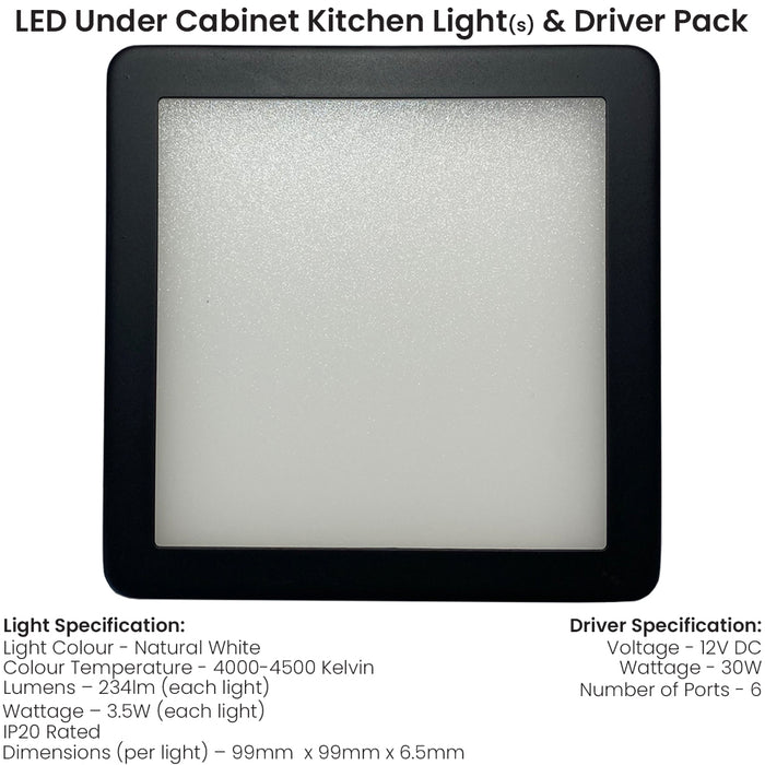 6x MATT BLACK Ultra-Slim Square Under Cabinet Kitchen Light & Driver Kit - Natural White Diffused LED